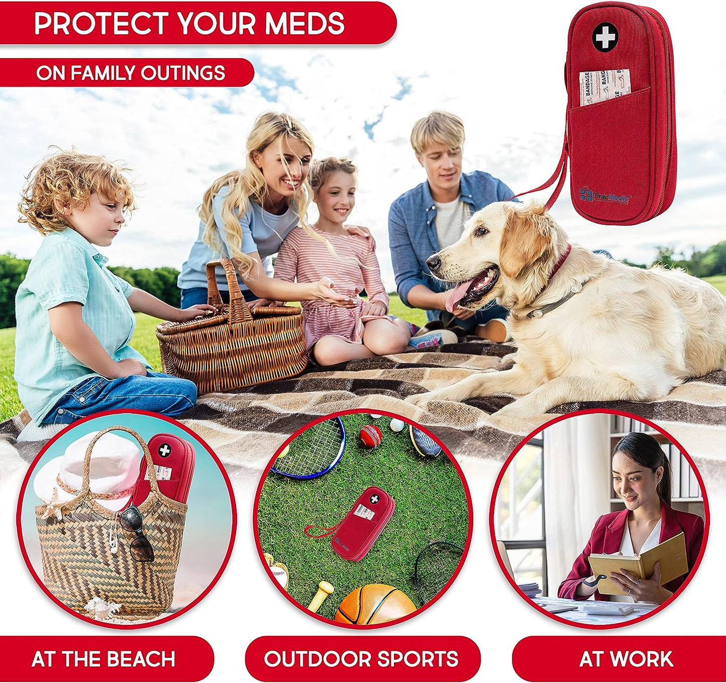 PracMedic Bags red medicine case with black medical cross logo shown in family outing scenes, including at the beach, during outdoor sports, and at work, for carrying epinephrine, inhalers, or emergency medications.
