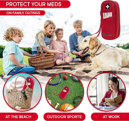 PracMedic Bags red medicine case with black medical cross logo shown in family outing scenes, including at the beach, during outdoor sports, and at work, for carrying epinephrine, inhalers, or emergency medications.
