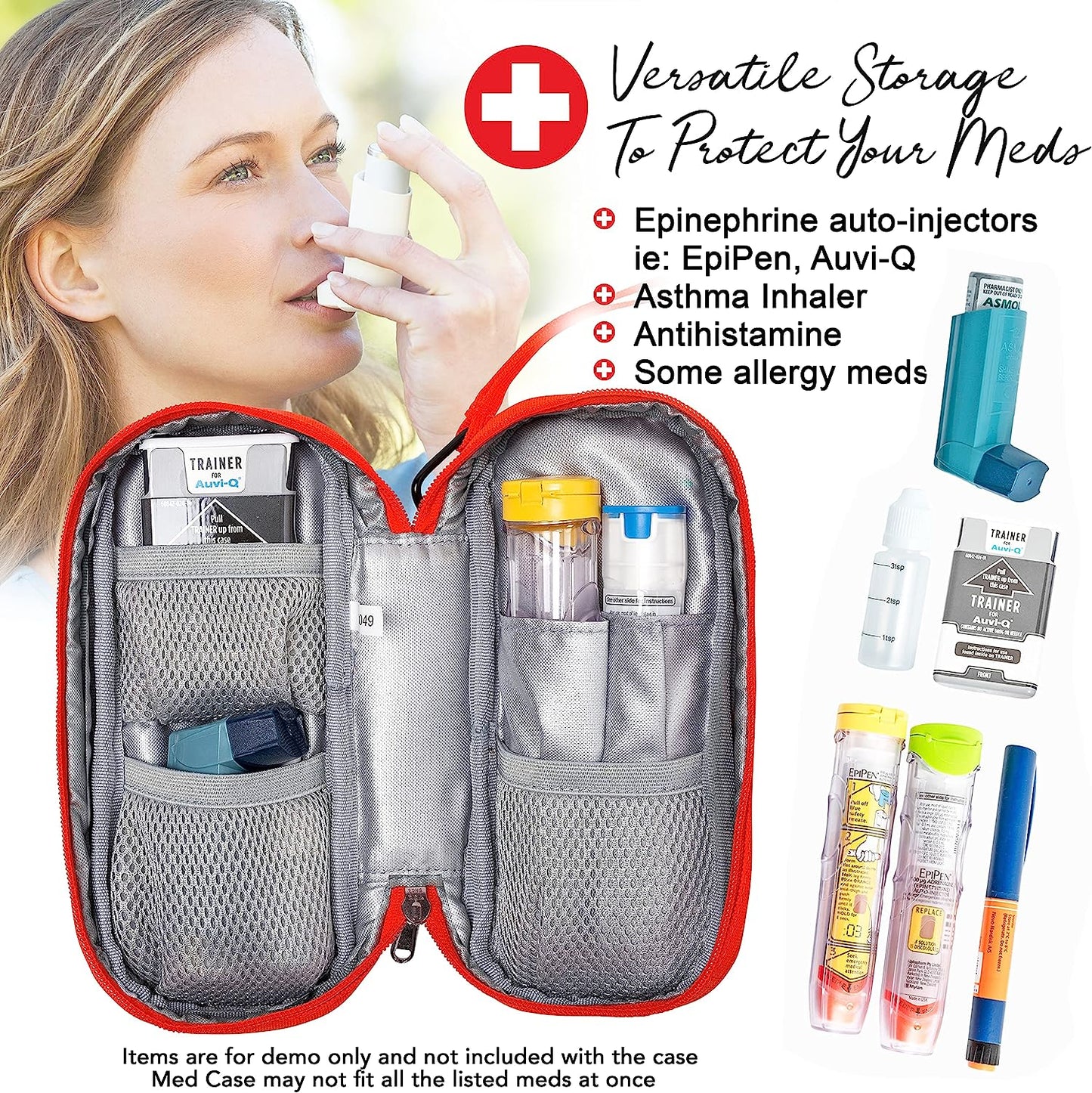 PracMedic Bags red medicine case with black medical cross logo, unzipped to show mesh compartments storing an asthma inhaler, epinephrine auto-injectors, and allergy medications, alongside a woman using an inhaler, highlighting versatile emergency storage.