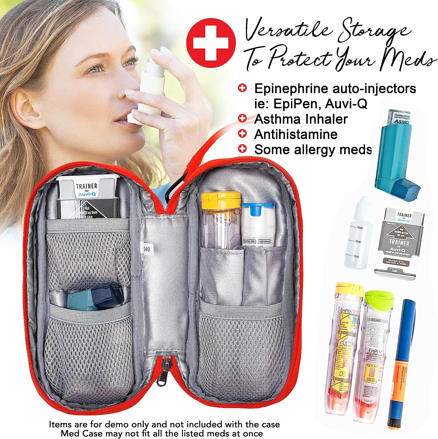 PracMedic Bags red medicine case with black medical cross logo, unzipped to show mesh compartments storing an asthma inhaler, epinephrine auto-injectors, and allergy medications, alongside a woman using an inhaler, highlighting versatile emergency storage.