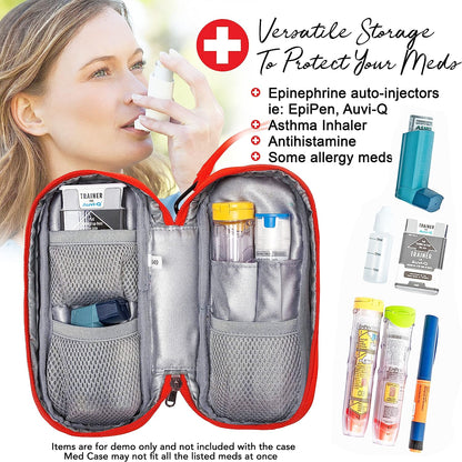 PracMedic Bags red medicine case with black medical cross logo, unzipped to show mesh compartments storing an asthma inhaler, epinephrine auto-injectors, and allergy medications, alongside a woman using an inhaler, highlighting versatile emergency storage.