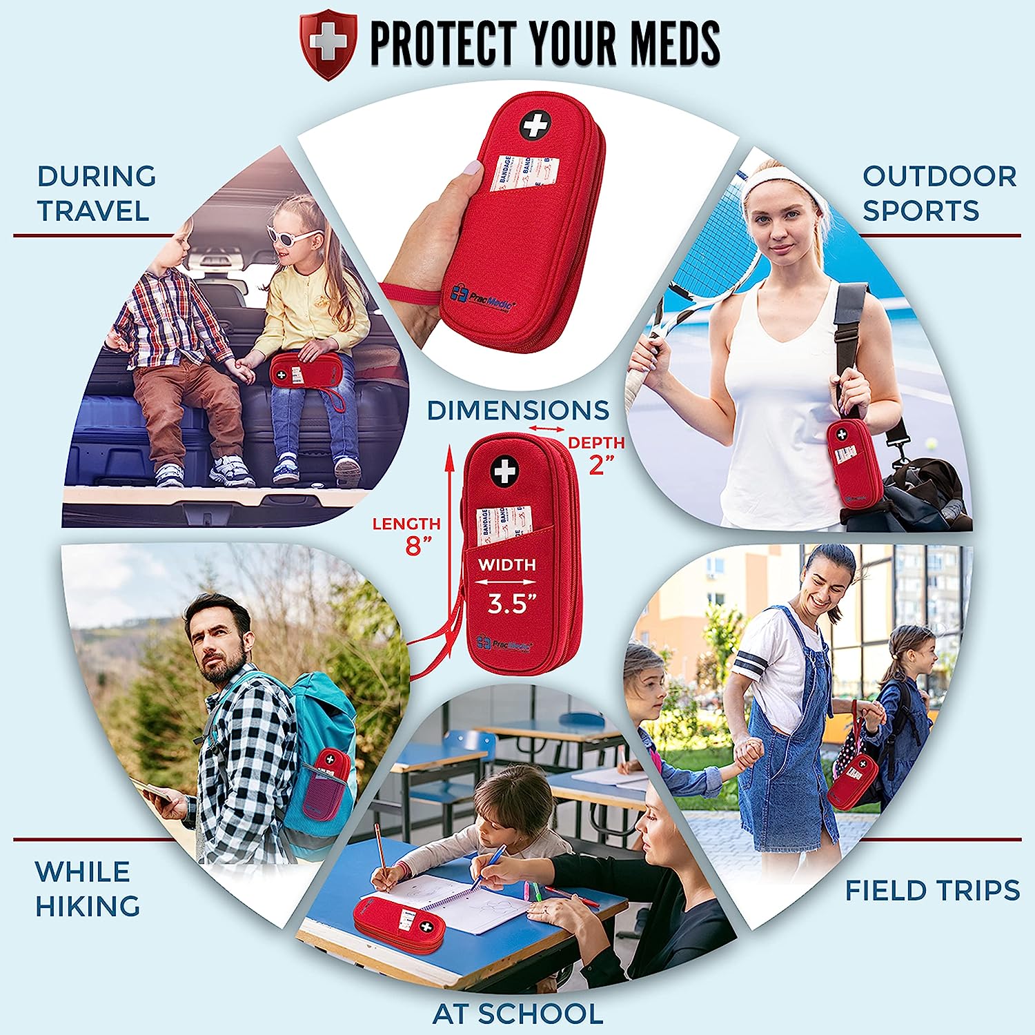 PracMedic Bags red medicine case with black medical cross logo, front pocket, wrist strap, and zipper closure, shown during travel, outdoor sports, hiking, at school, and on field trips, for carrying epinephrine, inhalers, or emergency medications.