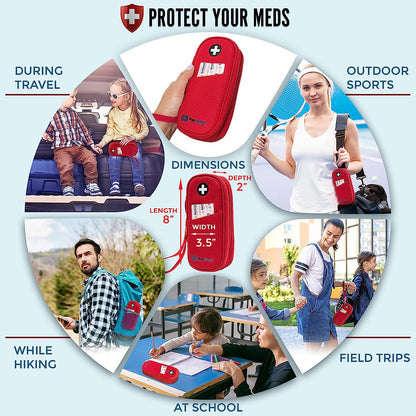 PracMedic Bags red medicine case with black medical cross logo, front pocket, wrist strap, and zipper closure, shown during travel, outdoor sports, hiking, at school, and on field trips, for carrying epinephrine, inhalers, or emergency medications.