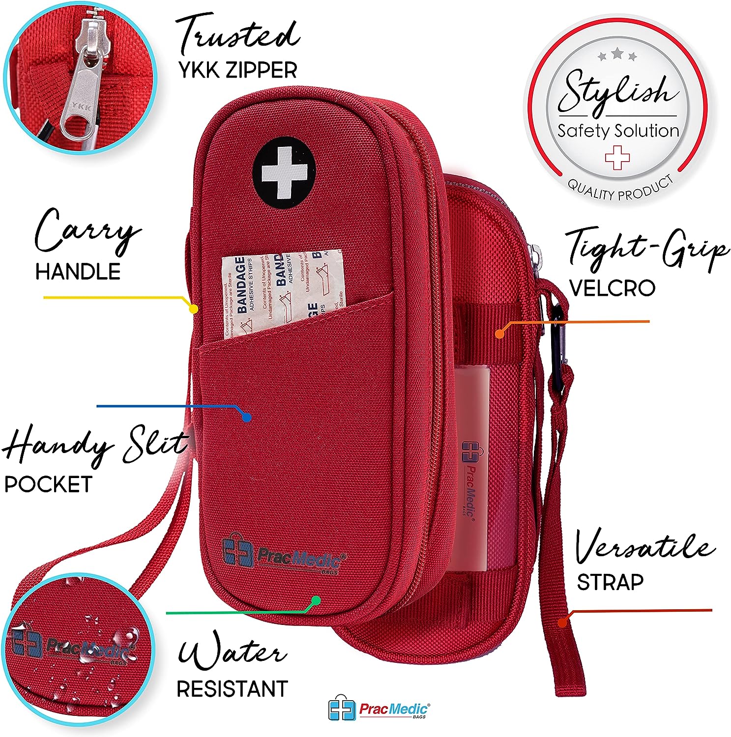 PracMedic Bags red medicine case with black medical cross logo, front slit pocket, carry handle, tight-grip Velcro strap, and water-resistant design, shown with bandages and epinephrine injector for secure emergency medication storage.
