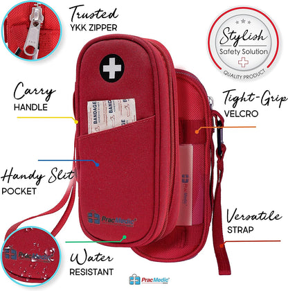 PracMedic Bags red medicine case with black medical cross logo, front slit pocket, carry handle, tight-grip Velcro strap, and water-resistant design, shown with bandages and epinephrine injector for secure emergency medication storage.