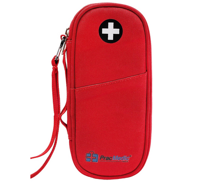 PracMedic Bags red EpiPen carry case with wrist strap, front pocket, and white cross for secure allergy medication storage.