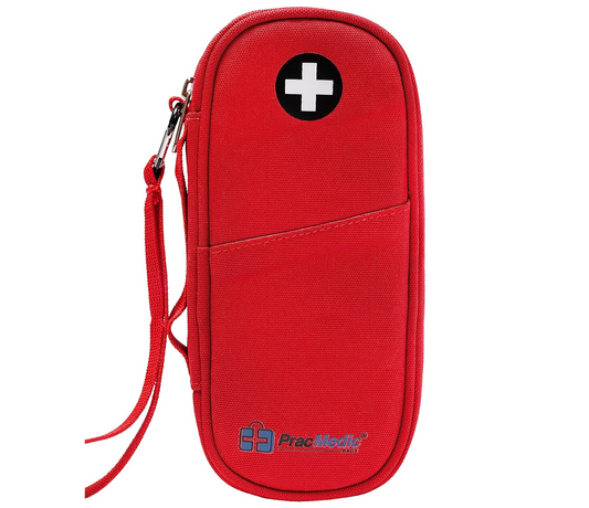 PracMedic Bags red EpiPen carry case with wrist strap, front pocket, and white cross for secure allergy medication storage.