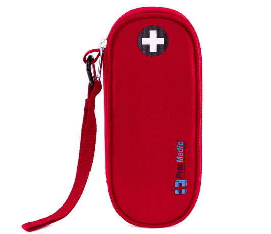 PracMedic Bags red Epipen case with wrist strap, zipper, and white cross for secure medication storage during travel or daily use.