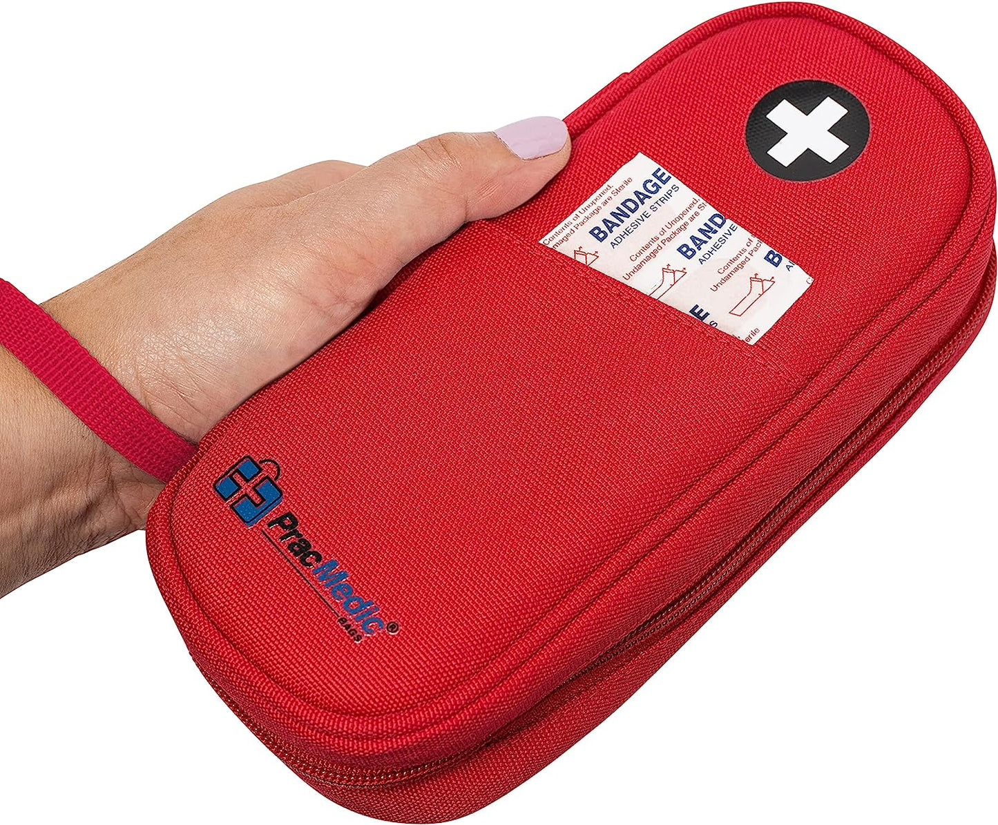 PracMedic Bags red medicine case with black medical cross logo, front pocket, wrist strap, and zipper closure for carrying epinephrine, inhalers, or other emergency medications.