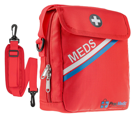 PracMedic Bags red medicine travel bag with “MEDS” label, white cross emblem, multiple zippers, and detachable shoulder strap for emergency supplies.