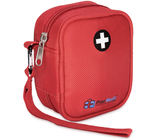 PracMedic Bags red medicine pouch with wrist strap, zipper closure, and white cross emblem for carrying emergency medications.