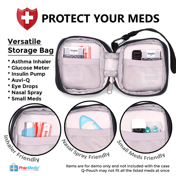 PracMedic Bags Insulated Medical Pouch and Medication Travel Organizer- Lightweight, Compact- Holds Auvi Q, Anti-Histamine Tablets, Nasal Spray, Eye Drops, Small Meds (Q-Pouch Black)