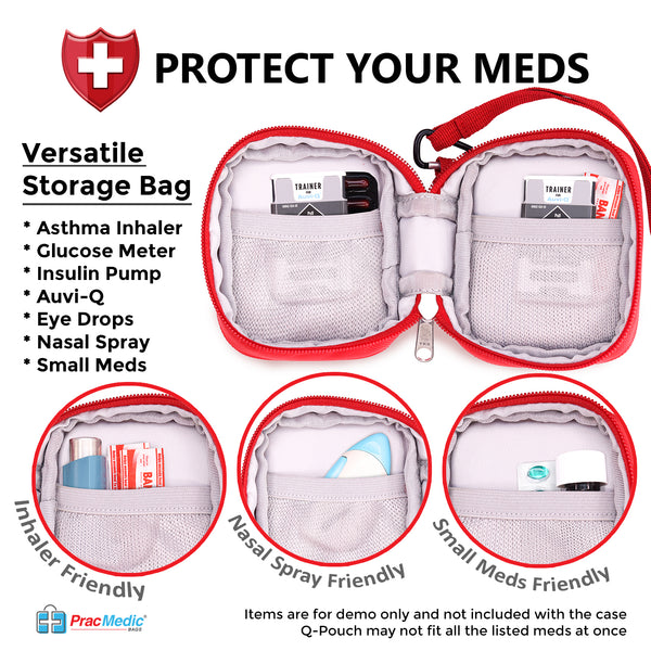 PracMedic Bags Medicine Carrying Case- Holds Auvi Q, Nasal Spray, Eye Drops or Antihistamine Tablets- Insulated Medical Pouch - Small Medical Travel Case- Be Prepared in Any Emergency (Q-Pouch Red)