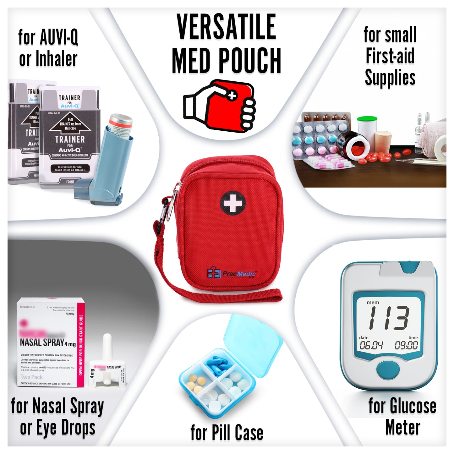 PracMedic Bags Medicine Carrying Case- Holds Auvi Q, Nasal Spray, Eye Drops or Antihistamine Tablets- Insulated Medical Pouch - Small Medical Travel Case- Be Prepared in Any Emergency (Q-Pouch Red)