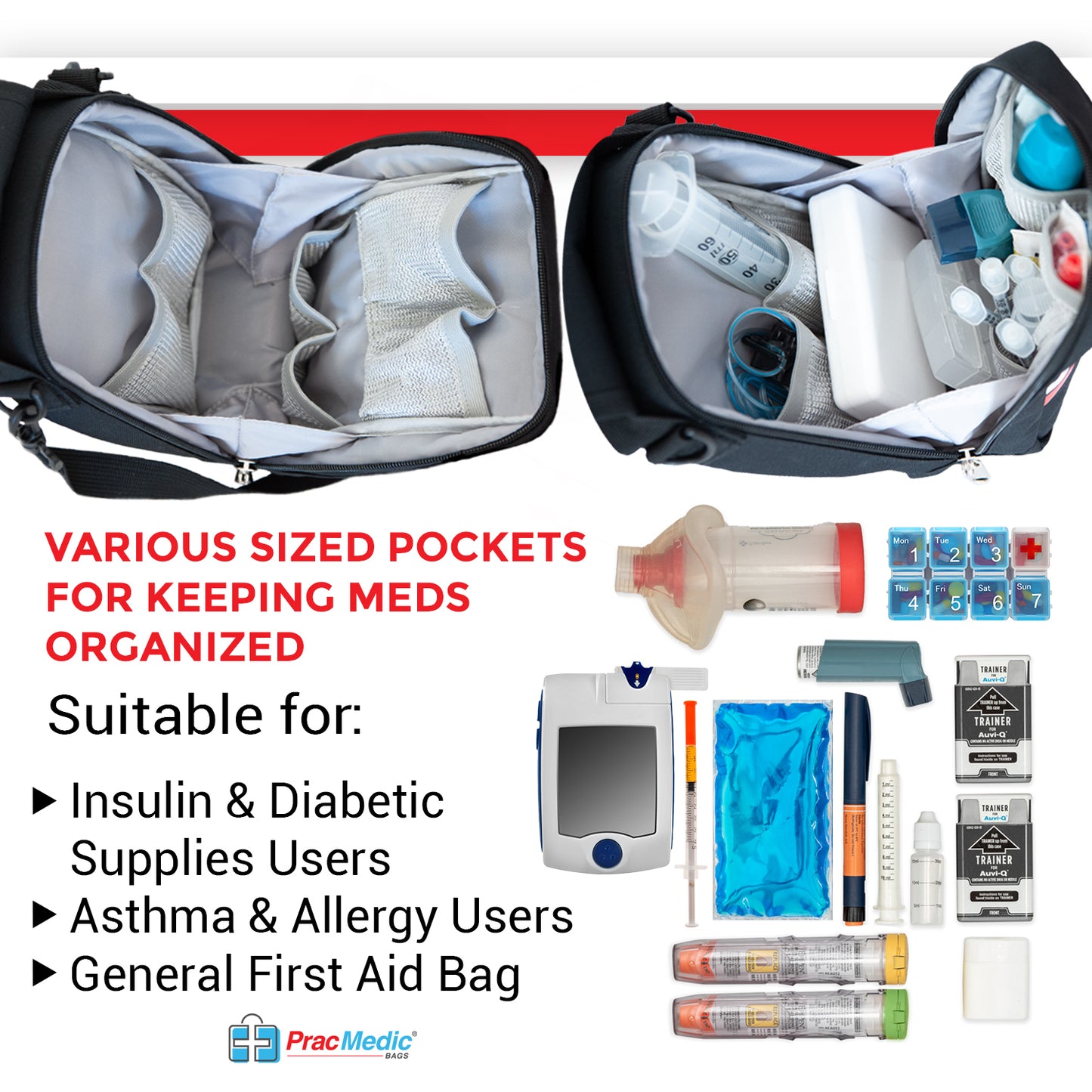 PracMedic Bags First Aid Bags Empty- Holds Diabetic Insulin Supplies, Epipen, Inhaler Spacer, Supplement Organizer- Insulated Medicine Bag The Perfect Safety Kit During Travel and School (Black)