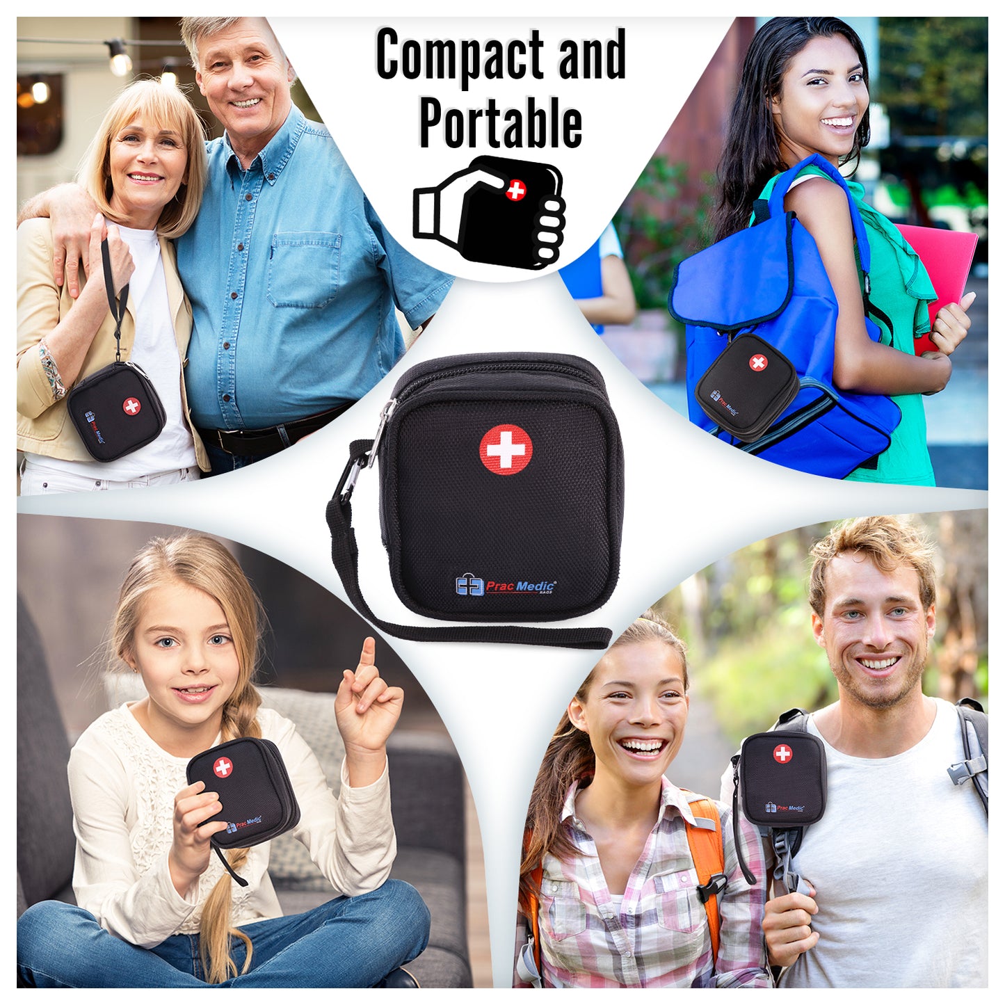 PracMedic Bags black Q-Pouch compact medicine case with wrist strap and red medical cross symbol, shown being carried by different people, designed for portable storage of emergency medications like epinephrine or inhalers.