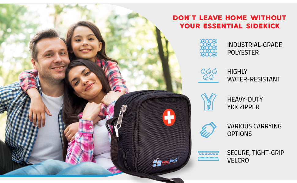 Black compact medicine case with wrist strap, zipper closure, and red medical cross symbol – designed for carrying epinephrine, inhalers, or emergency medications securely.