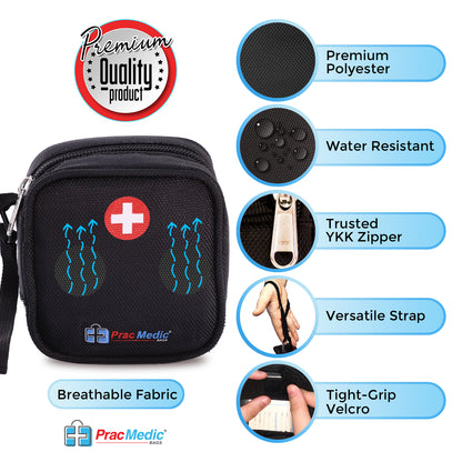 PracMedic Bags black Q-Pouch medicine case with red medical cross symbol, showing features such as premium polyester, water resistance, trusted YKK zipper, versatile strap, breathable fabric, and tight-grip Velcro.