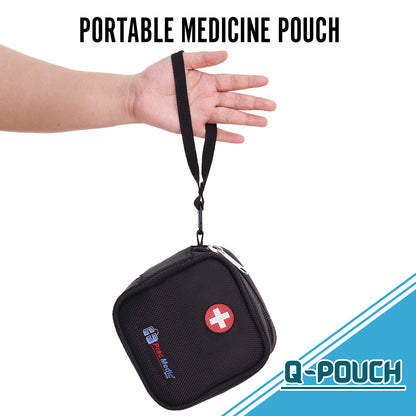 PracMedic Bags black Q-Pouch portable medicine case with red medical cross symbol, shown being held by a wrist strap against a white and blue background.