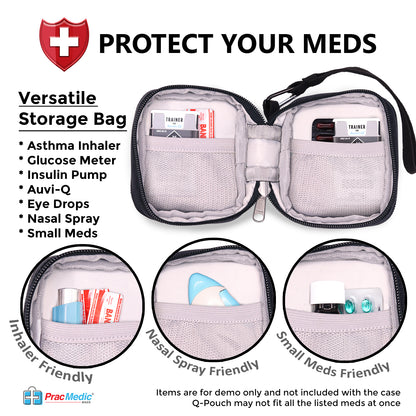 PracMedic Bags black Q-Pouch medicine case shown open with mesh pockets holding demo items such as an asthma inhaler, nasal spray, and small medication bottles; labeled as versatile storage for various emergency medical supplies.