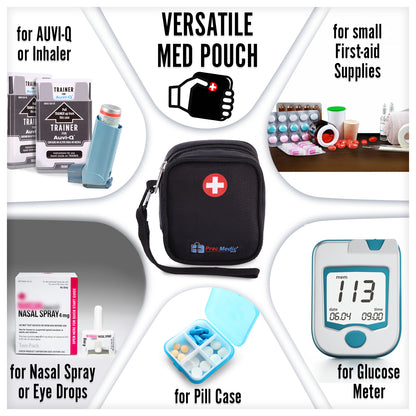 PracMedic Bags black Mini Medic pouch with red medical cross symbol shown with AUVI-Q, inhaler, pill case, nasal spray, glucose meter, and small first aid supplies