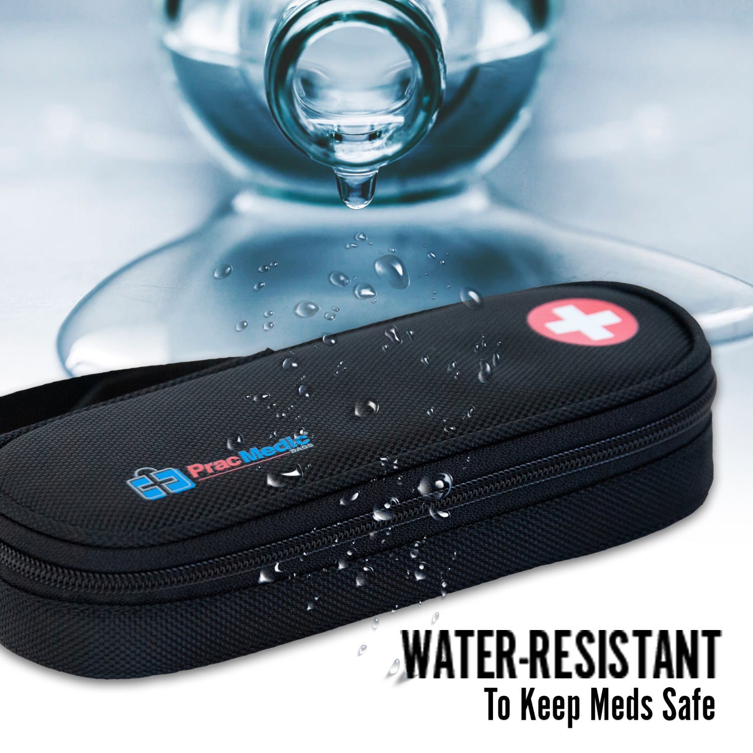 PracMedic Bags black water-resistant medicine case with red medical cross symbol, zipper closure, and splash protection to keep medications safe and dry