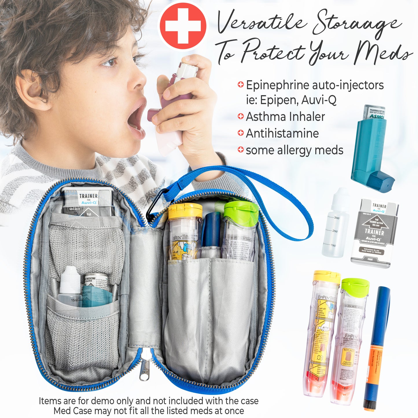 Child using asthma inhaler beside an open blue PracMedic Bags kids medicine case with compartments for EpiPens, Auvi-Q, antihistamines, asthma inhalers, and allergy medications