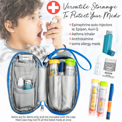 Child using asthma inhaler beside an open blue PracMedic Bags kids medicine case with compartments for EpiPens, Auvi-Q, antihistamines, asthma inhalers, and allergy medications