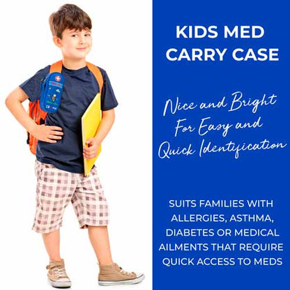Young boy carrying a blue PracMedic Bags medicine case with 'MEDS INSIDE' label and cartoon design, ideal for school or daycare use — shown next to educational messaging about allergies, asthma, diabetes, and medical access