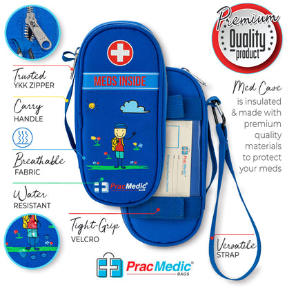PracMedic Bags blue insulated kids medicine case with cartoon print and 'MEDS INSIDE' label — infographic highlighting premium features like breathable fabric, water resistance, YKK zipper, velcro grip, versatile strap, and carry handle
