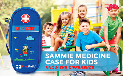 Blue Sammie insulated medicine case for kids by PracMedic Bags shown in a playground setting with happy children in the background – features cartoon design, red medical cross, and 'MEDS INSIDE' label, ideal for child medication storage
