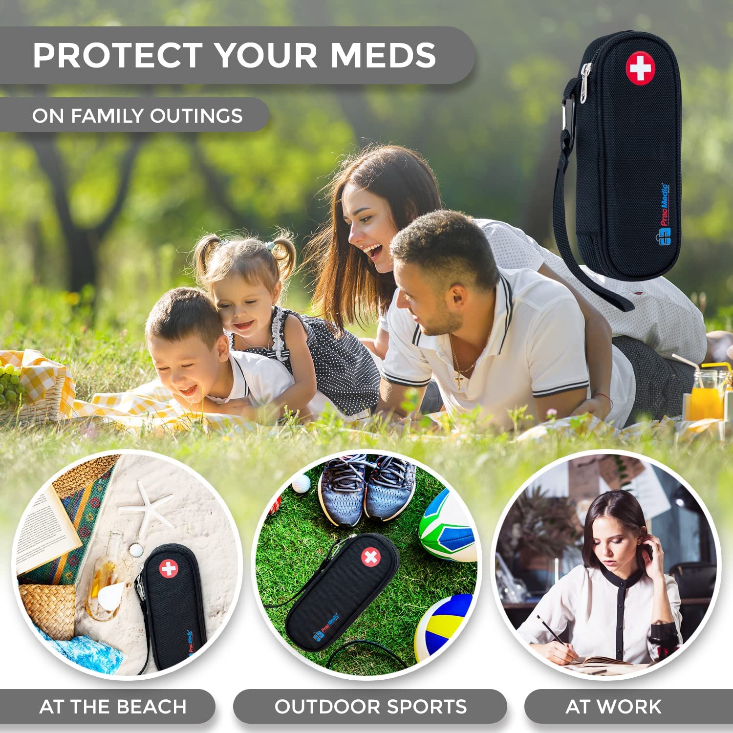 Compact black PracMedic Bags medicine case shown with family outdoors, suitable for use at the beach, during sports, or at work