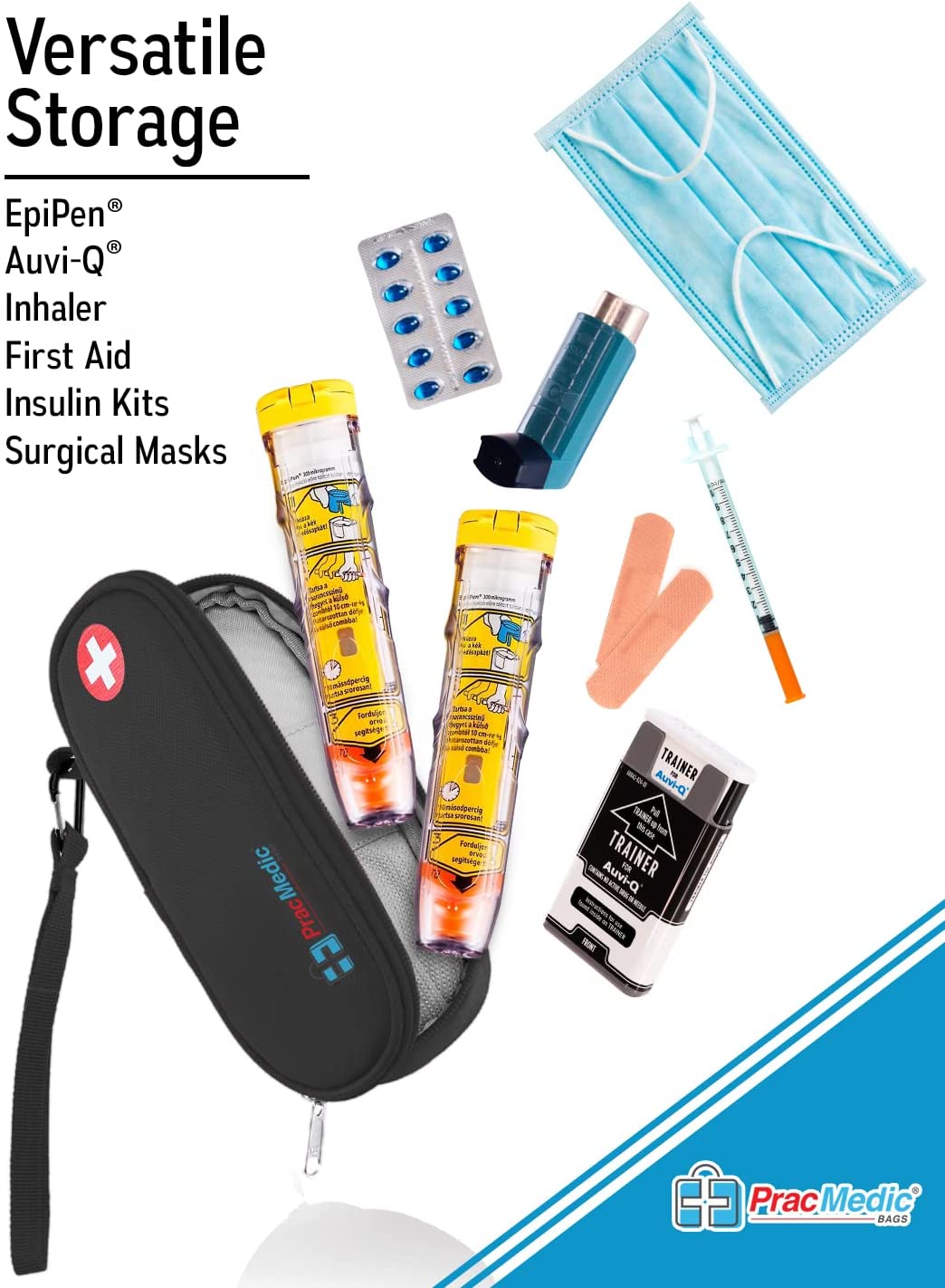 Compact black PracMedic Bags medicine case open with EpiPens, inhaler, insulin kit, and masks to show versatile medical storage