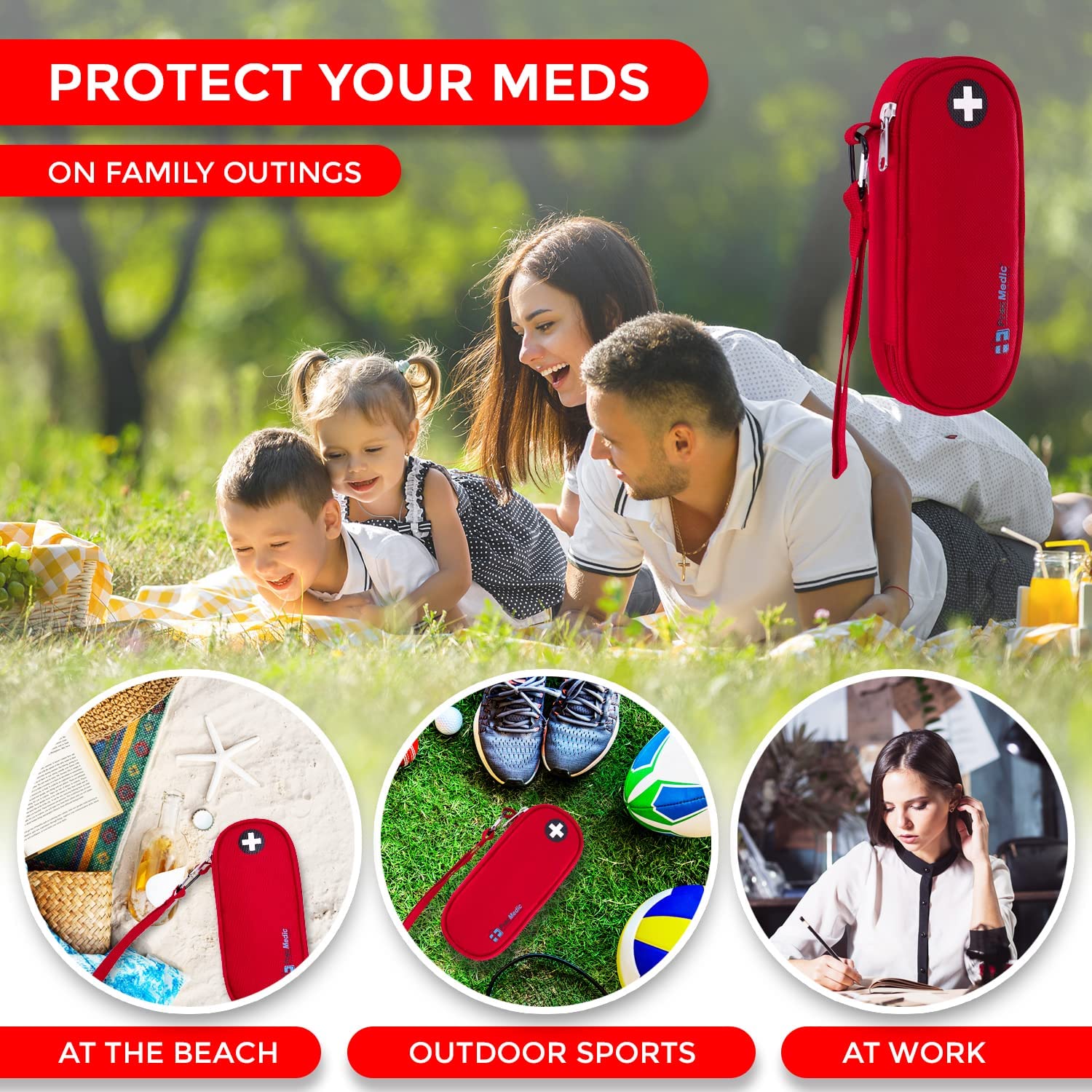 Family enjoying picnic with red PracMedic Bags compact red insulated medicine case shown for use at beach, during outdoor sports, and at work – protect your meds anywhere