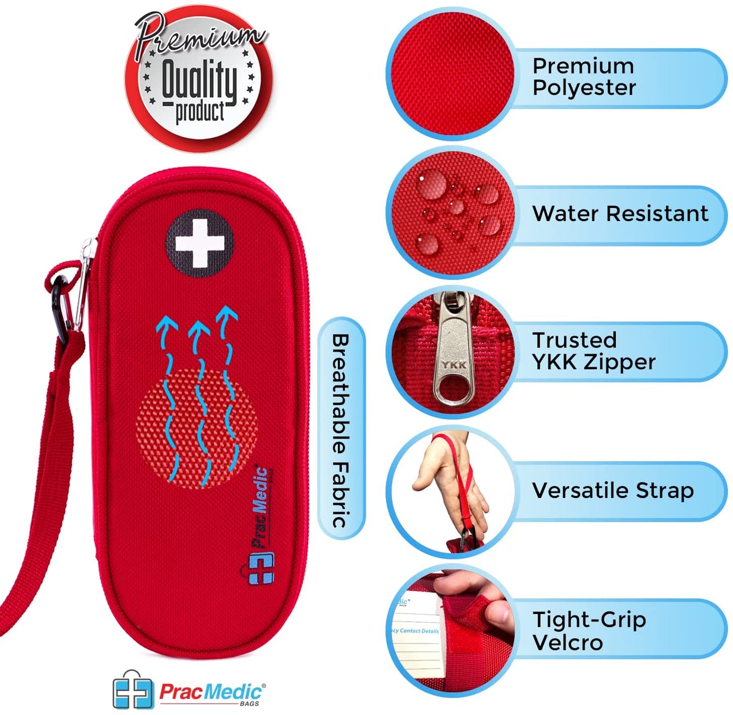Feature infographic of PracMedic compact red medicine case showing breathable fabric, water resistance, premium polyester, YKK zipper, versatile strap, and tight-grip velcro