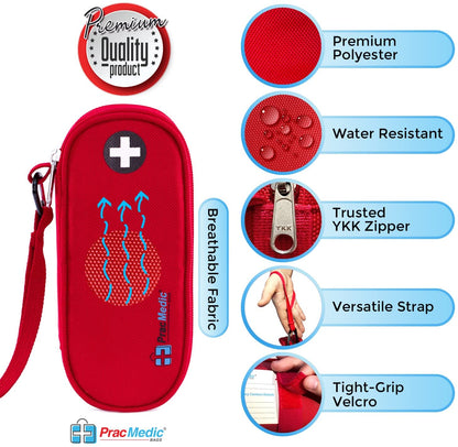 Feature infographic of PracMedic compact red medicine case showing breathable fabric, water resistance, premium polyester, YKK zipper, versatile strap, and tight-grip velcro