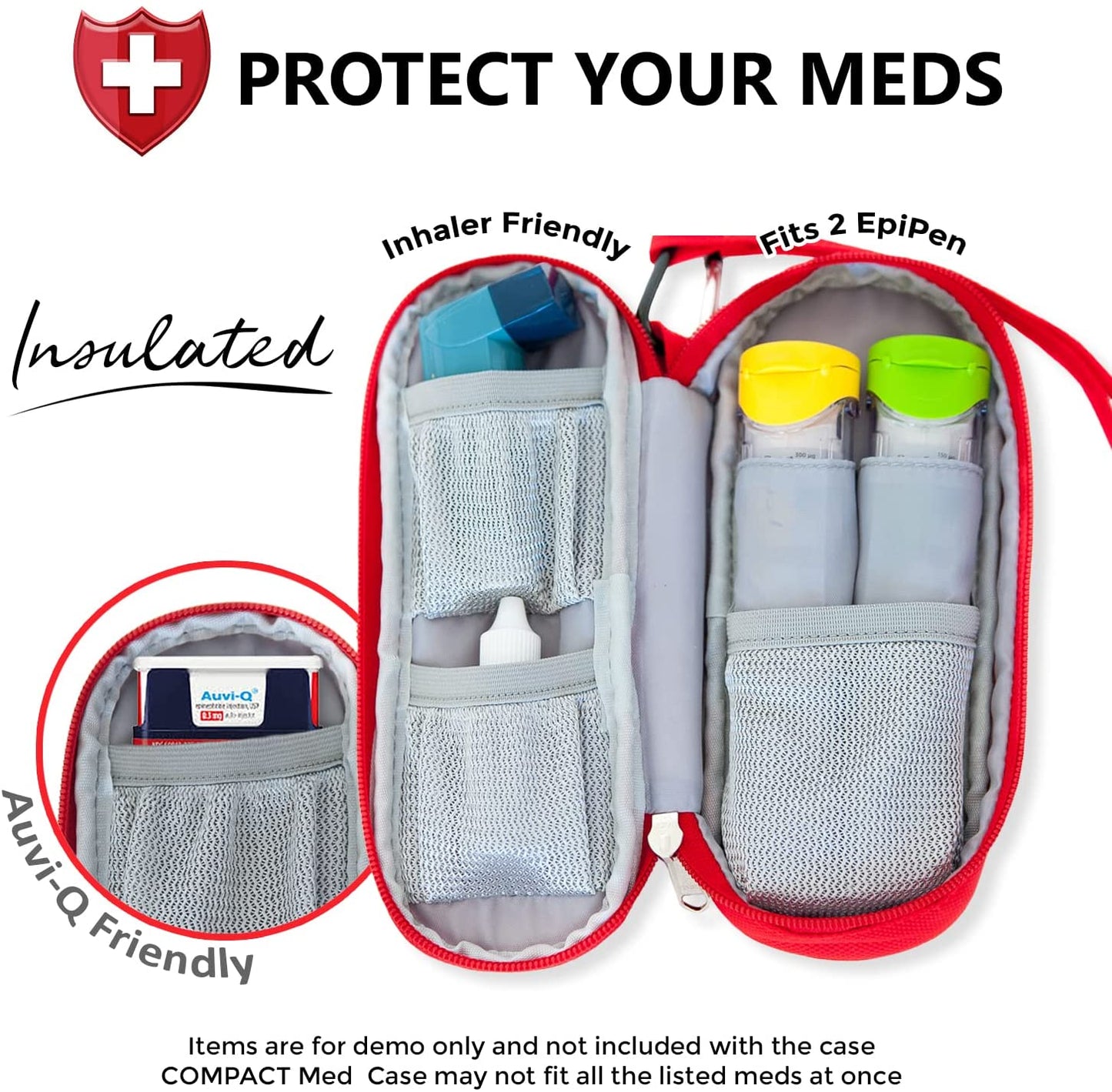 Open PracMedic Bags compact red insulated medicine case with storage for two EpiPens, inhaler, Auvi-Q, and small emergency medications