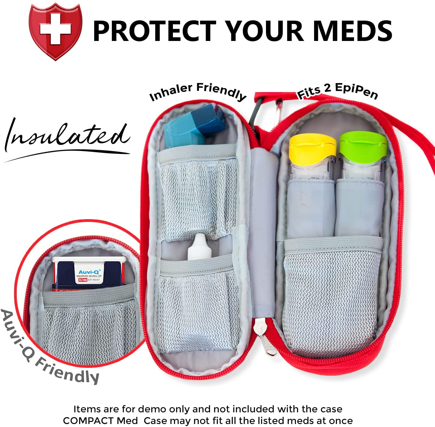 Open PracMedic Bags compact red insulated medicine case with storage for two EpiPens, inhaler, Auvi-Q, and small emergency medications