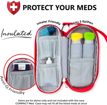 Open PracMedic Bags compact red insulated medicine case with storage for two EpiPens, inhaler, Auvi-Q, and small emergency medications