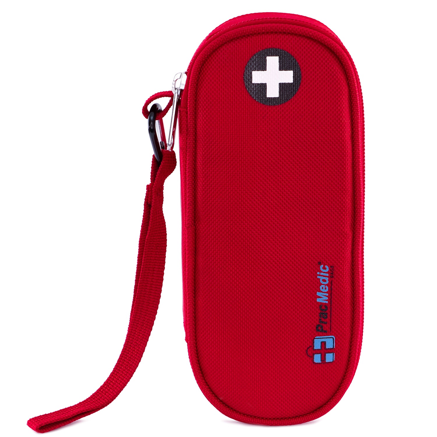 Compact red insulated medicine case with a medical cross symbol and wrist strap, ideal for carrying temperature-sensitive medications while traveling.