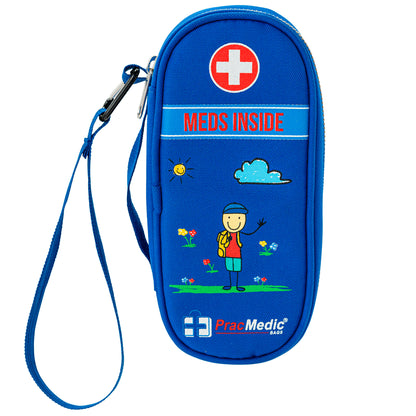 Blue insulated kids medicine case with wrist strap, cartoon child illustration, and 'MEDS INSIDE' label – perfect for safely carrying medications for children on the go.