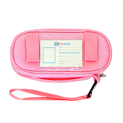 PracMedic Bags pink EpiPen medicine case with wrist strap, carabiner clip, and visible emergency contact ID card slot for quick identification