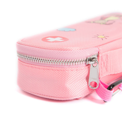 Close-up of PracMedic Bags pink medicine case showing durable YKK zipper and sturdy fabric for secure medication storage