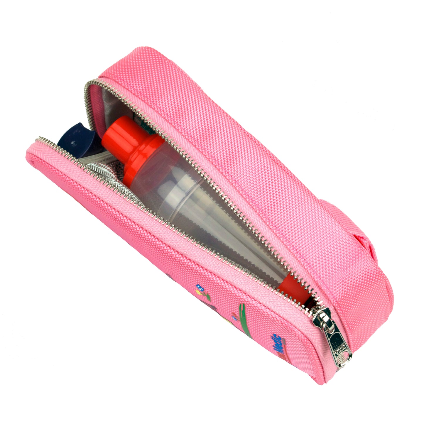 PracMedic Bags pink medicine case with zipper closure, shown open containing an asthma inhaler and spacer for organized medication storage