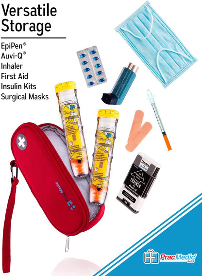 PracMedic Bags red insulated medicine case with EpiPens, inhaler, insulin syringe, pills, first aid items, and face mask demonstrating versatile storage