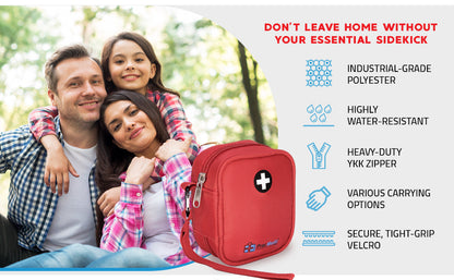 Family sitting outdoors with a PracMedic Bags red Q Pouch in the foreground, featuring a white medical cross symbol and wrist strap, with text highlighting its water-resistant polyester, heavy-duty zipper, multiple carrying options, and secure Velcro closure.