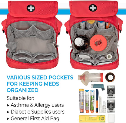 PracMedic Bags red medicine travel bag with multiple organizer pockets, shown open and filled with emergency medications, inhalers, EpiPens, diabetic supplies, and first aid items