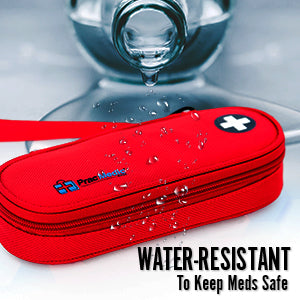 Red insulated medicine case with a black medical cross symbol and a blue tag labeled "INSULATED" – designed for storing temperature-sensitive medications like epinephrine or insulin.