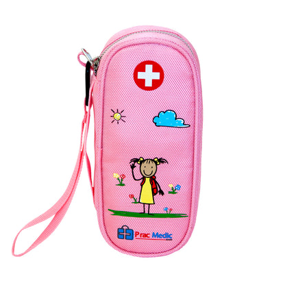 PracMedic Bags pink insulated medicine case for girls, featuring cartoon artwork, red medical cross, and wrist strap — designed for carrying EpiPens, inhalers, or allergy meds