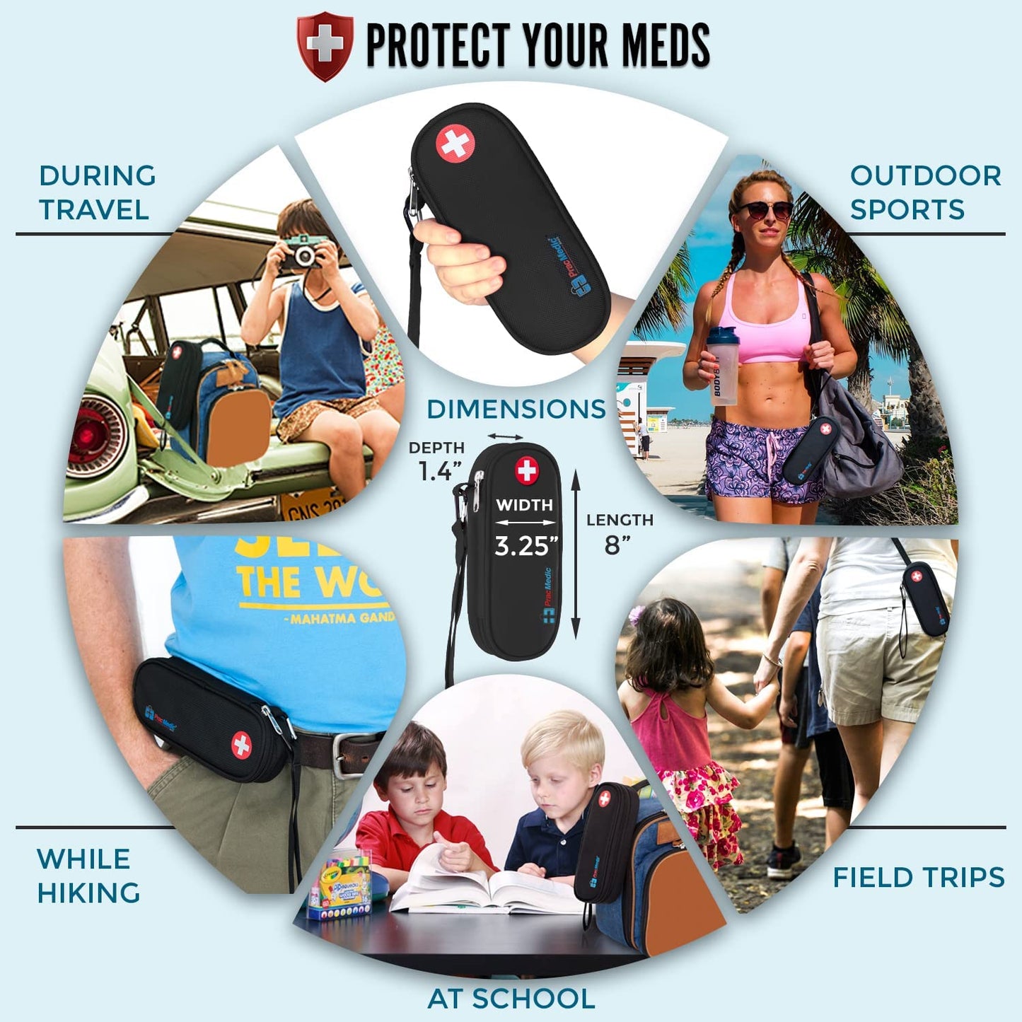 Compact black PracMedic Bags medicine case with size dimensions shown, ideal for travel, school, hiking, sports, and field trips